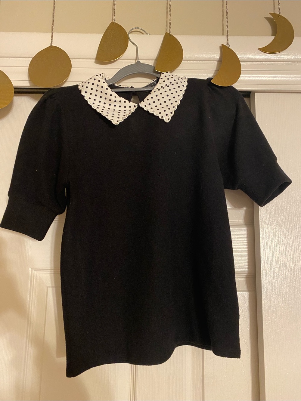 Black Short Sleeve Top with White Polka Dot Peter Pan Collar